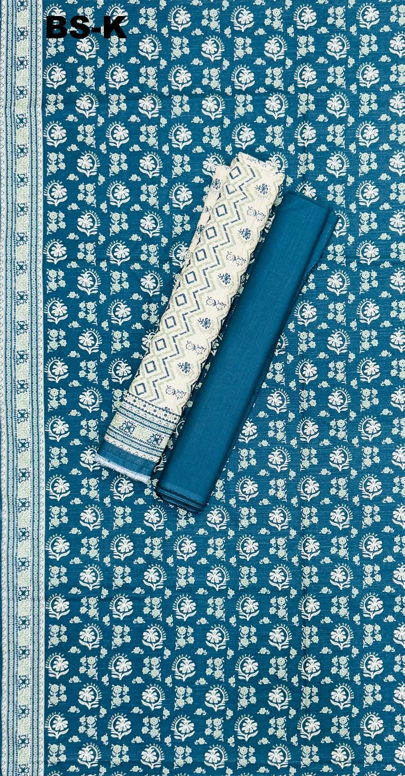 BIN SAEED Unstitched 3Pc Printed Khaddar - Teal Blue Ivory