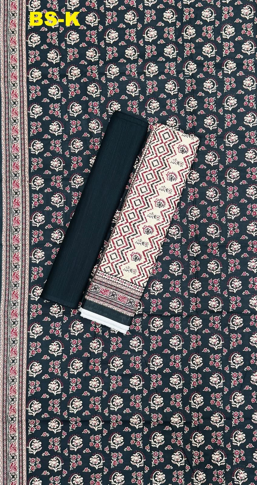 BIN SAEED Unstitched 3Pc Printed Khaddar - Dark Navy Maroon