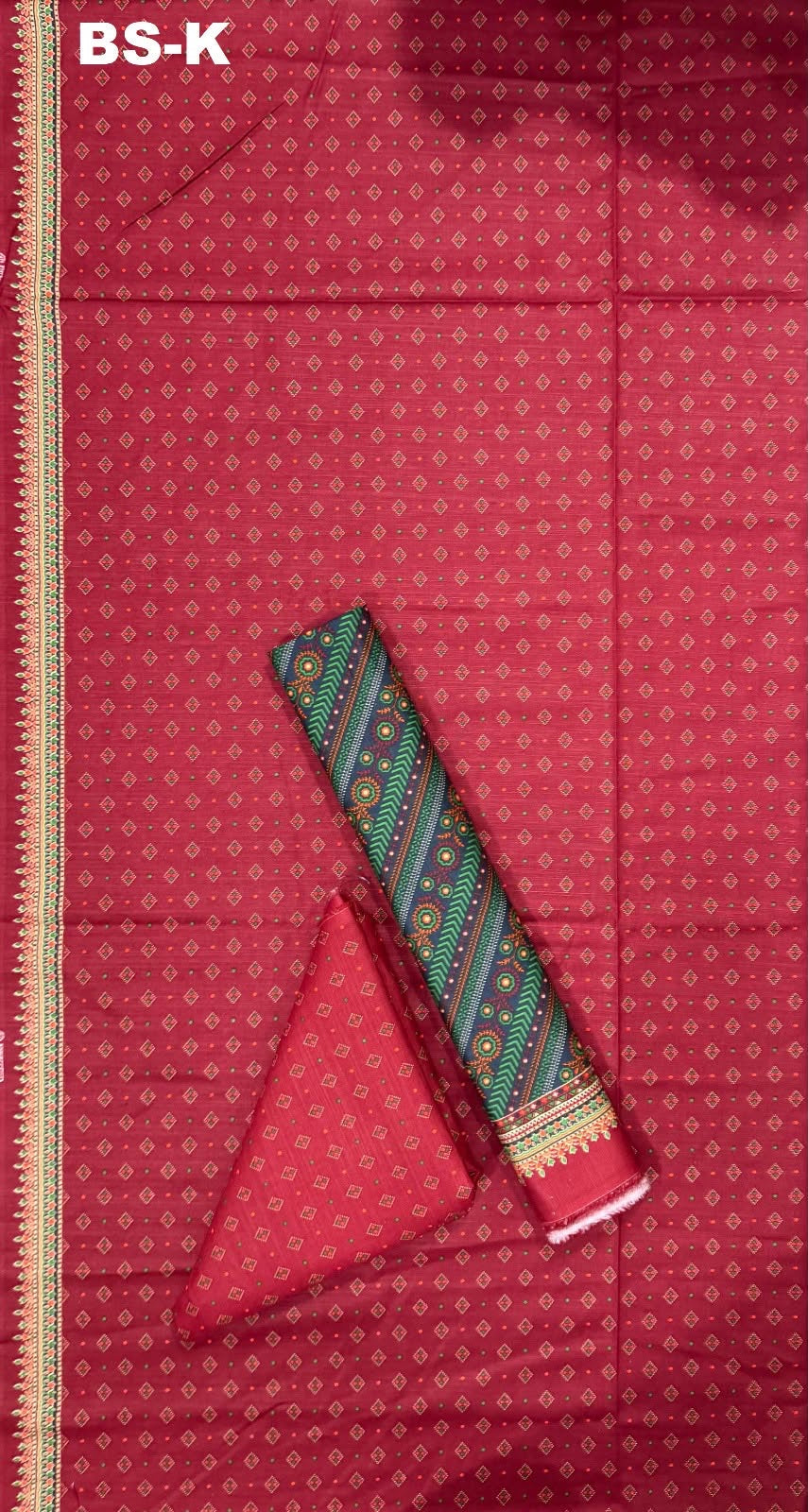 Red geometric printed khaddar with green patterned coordinating fabric