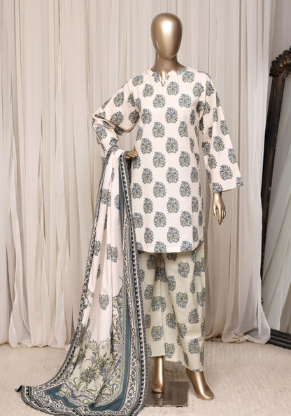 Sadabahar ivory blue khaddar suit pose 1