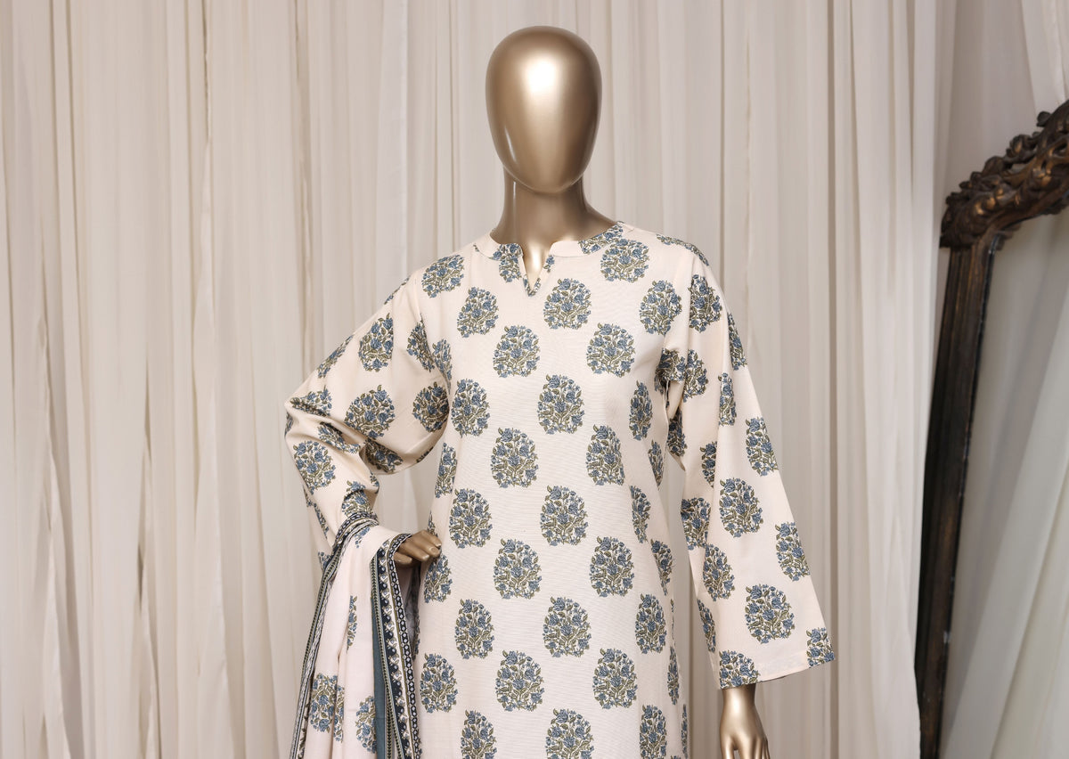 Sadabahar ivory blue khaddar suit pose 3