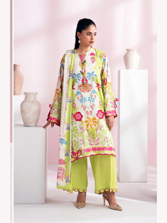 Gul Jee Cherry Pop unstitched 3-piece digital printed linen suit – Lime Green