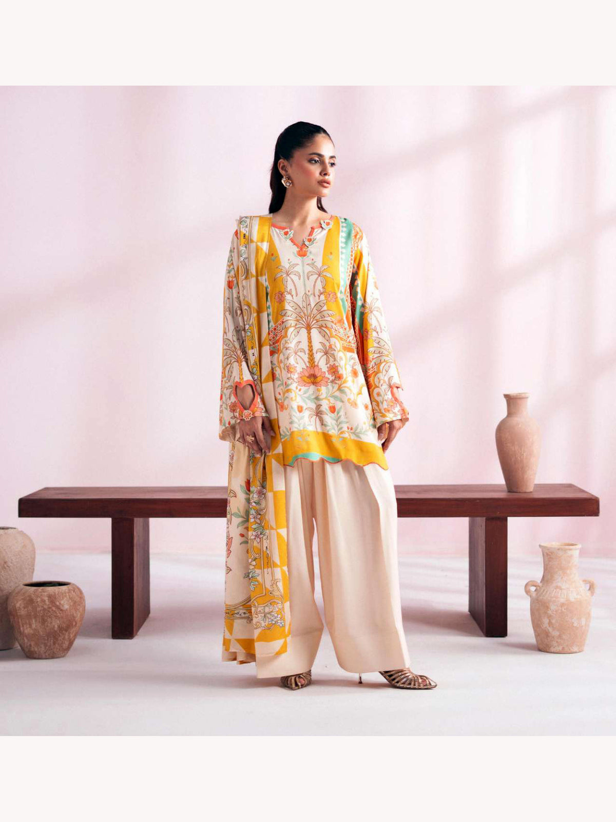 Gul Jee Cherry Pop unstitched 3-piece digital printed linen suit – Cream Yellow