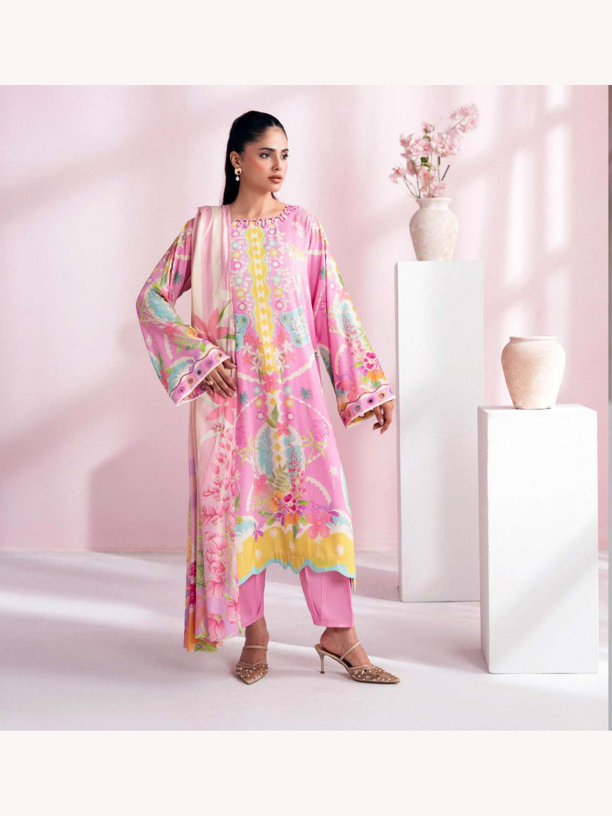 Gul Jee Cherry Pop unstitched 3-piece digital printed linen suit – Pink Yellow