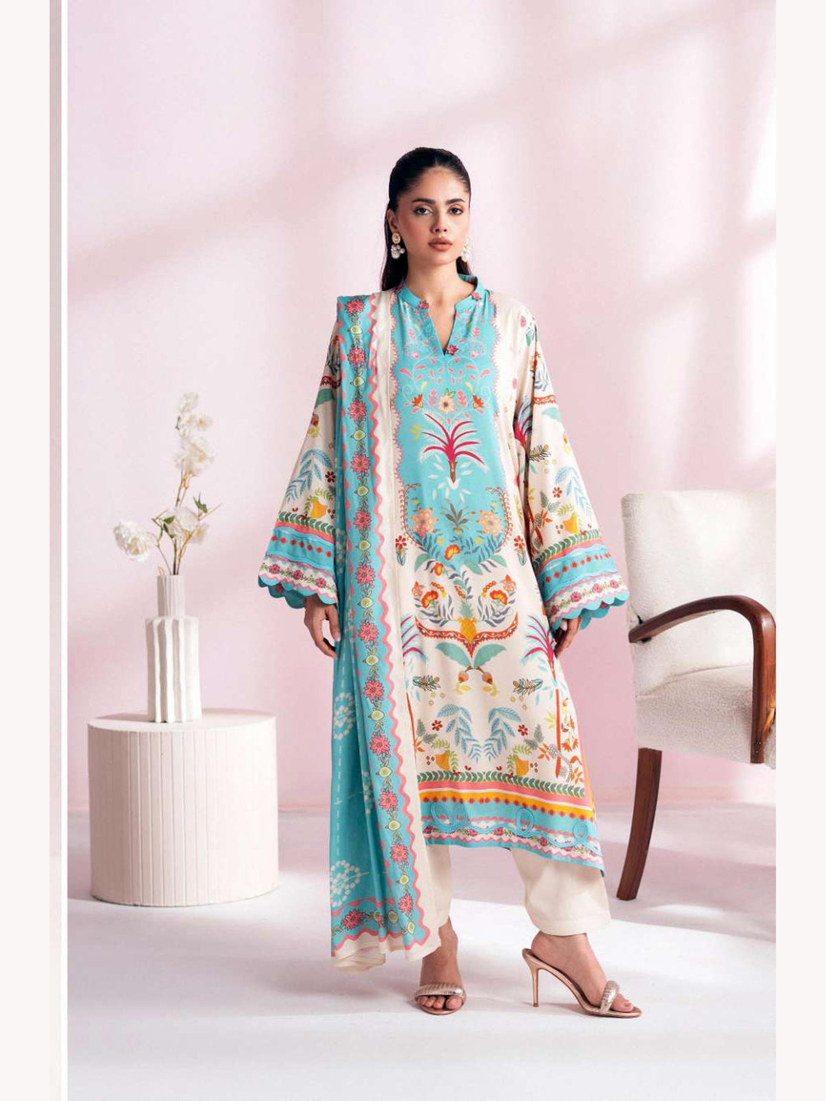 Gul Jee Cherry Pop unstitched 3-piece digital printed linen suit – Aqua Blue