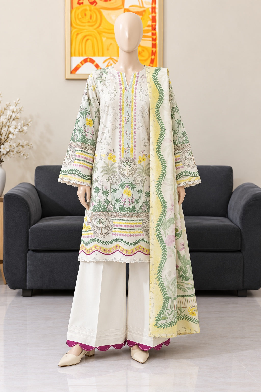 Gul Jee Poppin | Unstitched 3Pc Digital Printed Khaddar – Ivory Green Yellow