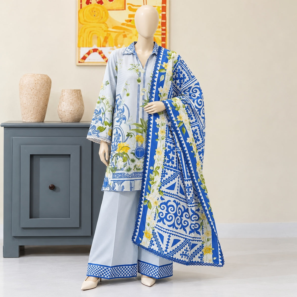 Gul Jee Poppin | Unstitched 3Pc Digital Printed Khaddar – Blue Floral