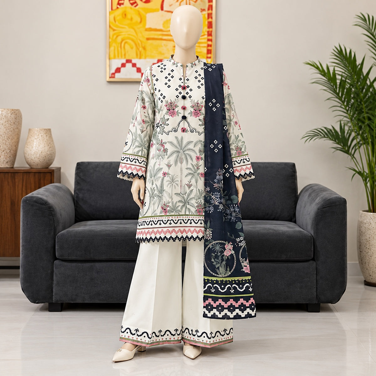 Gul Jee Poppin | Unstitched 3Pc Digital Printed Khaddar – Ivory Navy Pink