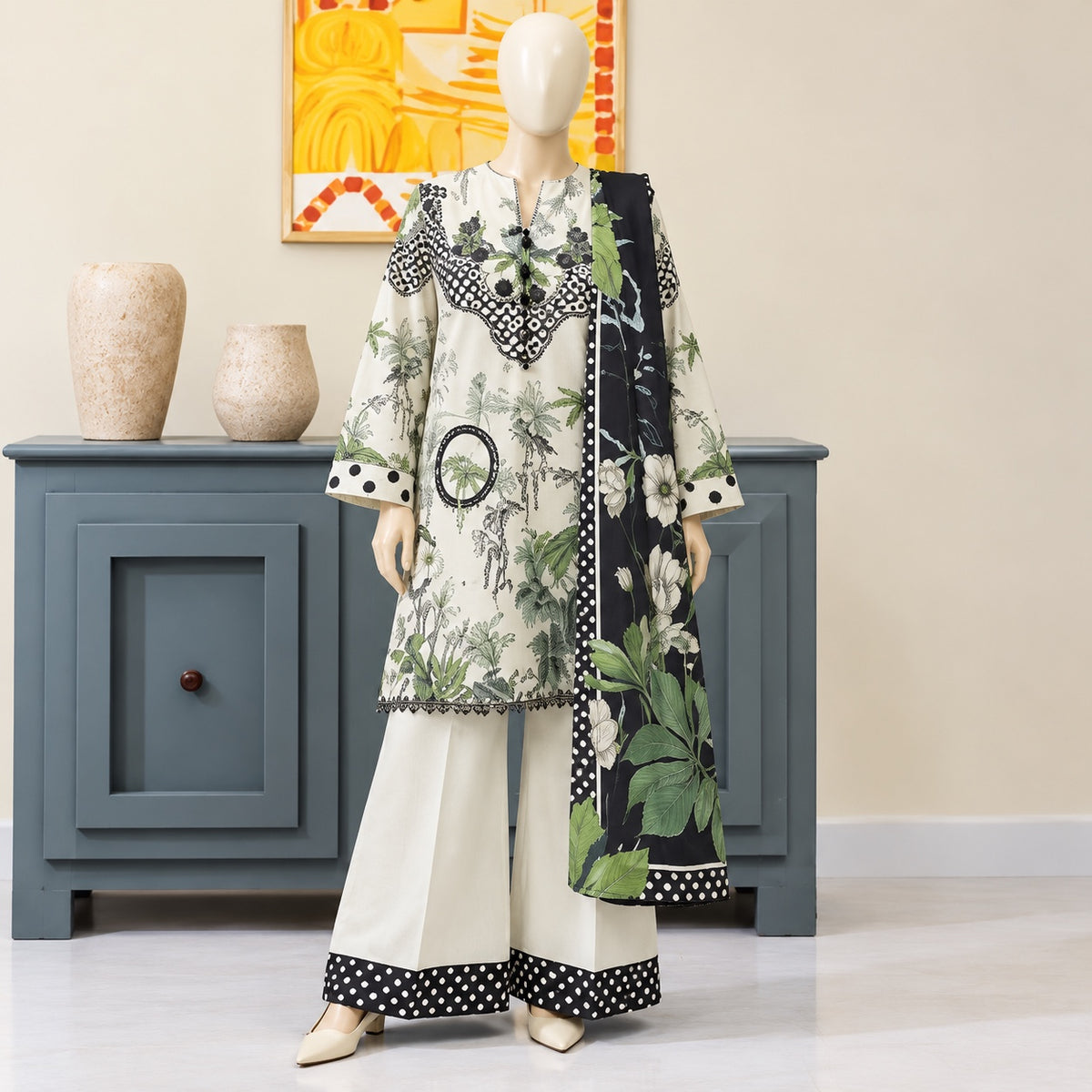 Gul Jee Poppin | Unstitched 3Pc Digital Printed Khaddar – Ivory Black Green