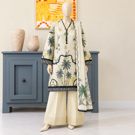 Gul Jee Poppin | Unstitched 3Pc Digital Printed Khaddar – Beige Olive