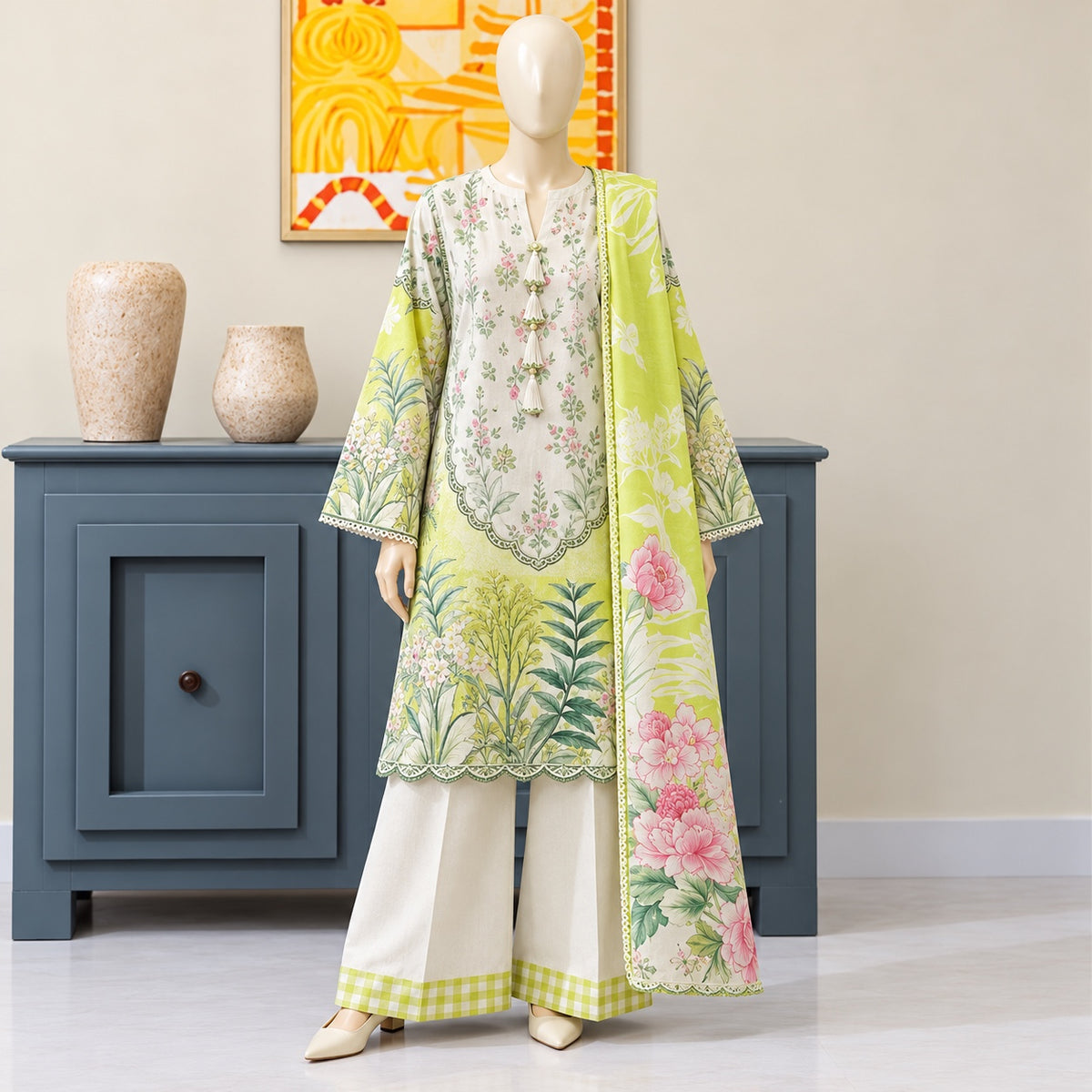 Gul Jee Poppin | Unstitched 3Pc Digital Printed Khaddar – Lime Floral