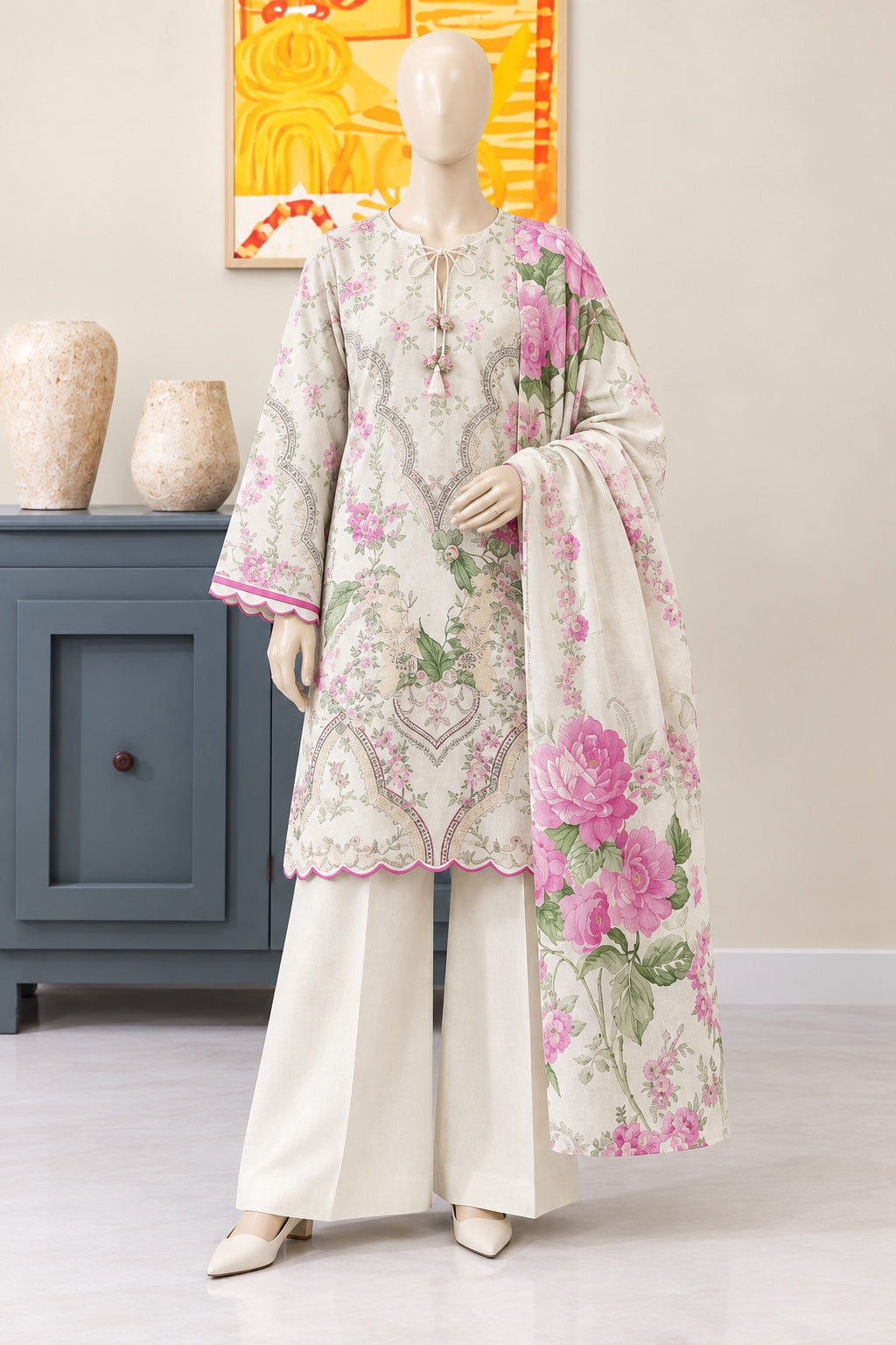 Gul Jee Poppin | Unstitched 3Pc Digital Printed Khaddar – Ivory Pink Floral