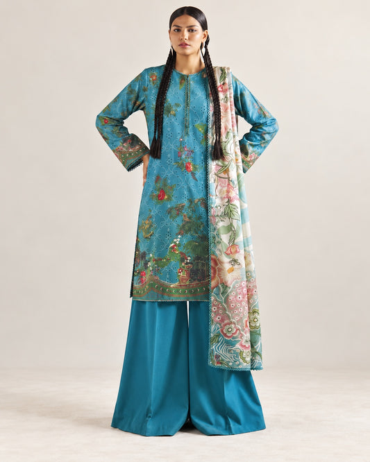 Gul Rukh By Gul Jee unstitched printed linen winter suit in Teal Blue