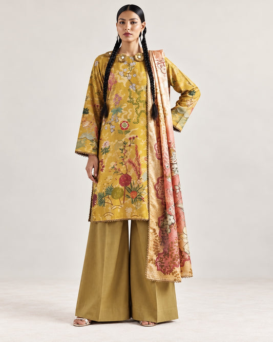 Gul Rukh By Gul Jee unstitched printed linen winter suit in Mustard Yellow