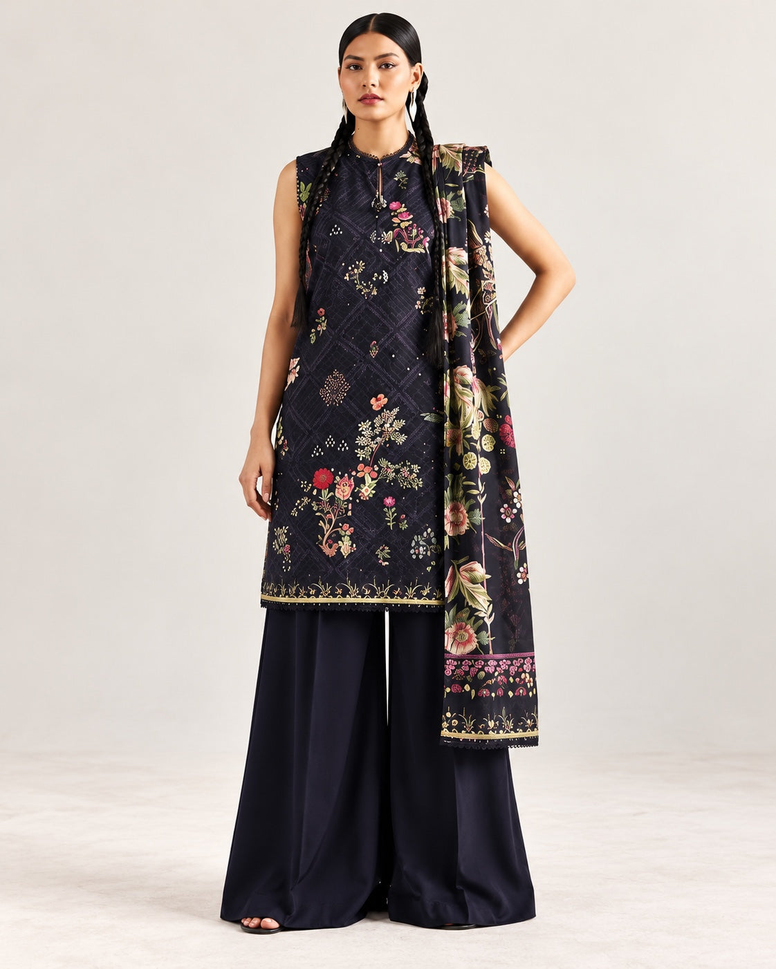 Gul Rukh By Gul Jee unstitched printed linen winter suit in Black