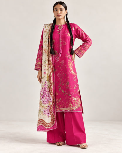 Gul Rukh By Gul Jee unstitched printed linen winter suit in Fuchsia Pink