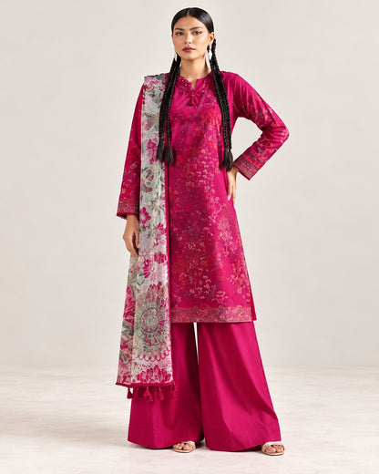 Gul Rukh By Gul Jee unstitched printed linen winter suit in Rani Pink