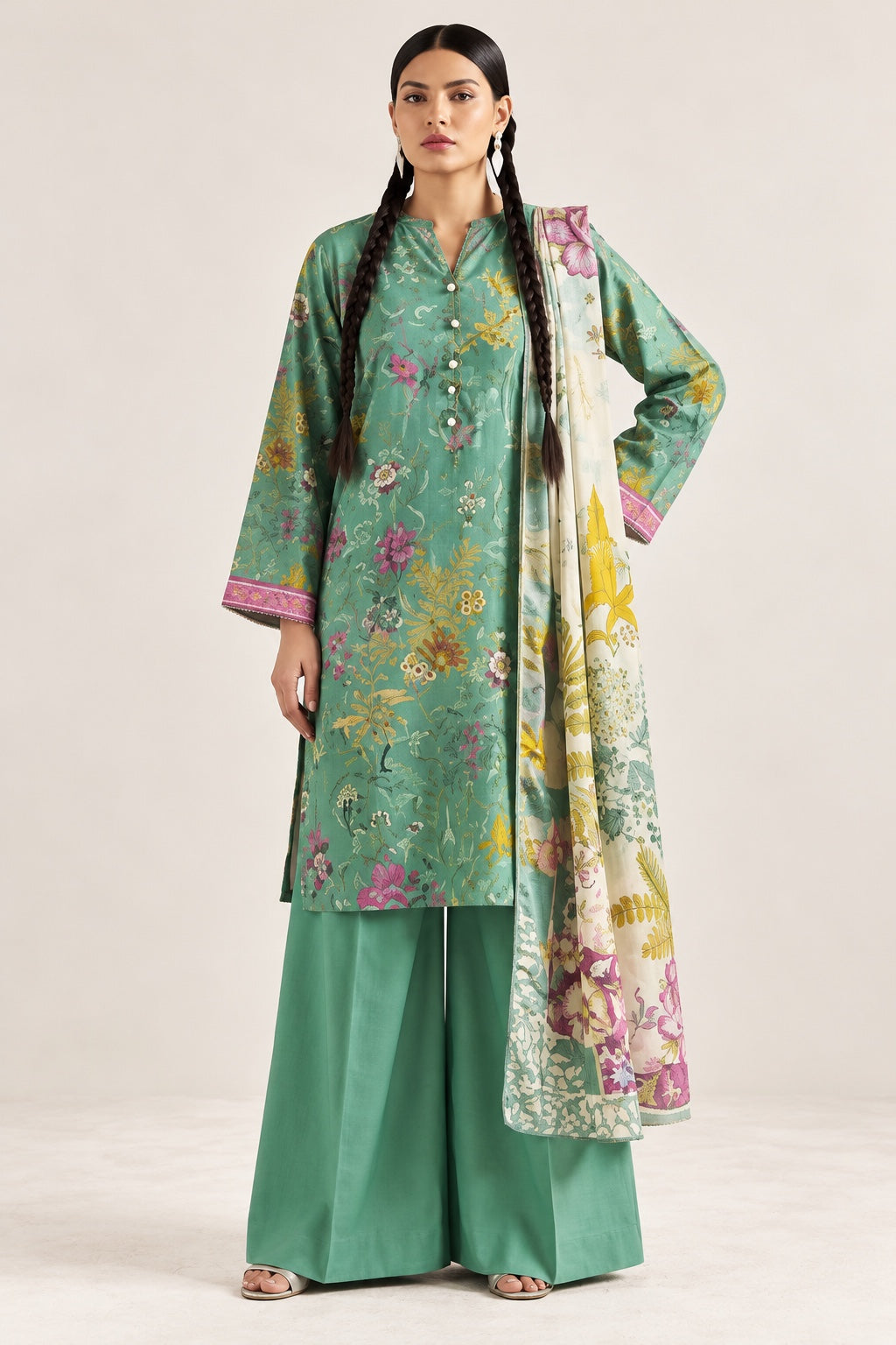 Gul Rukh By Gul Jee unstitched printed linen winter suit in Mint Green