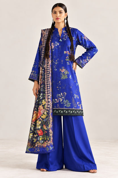Gul Rukh By Gul Jee unstitched printed linen winter suit in Royal Blue