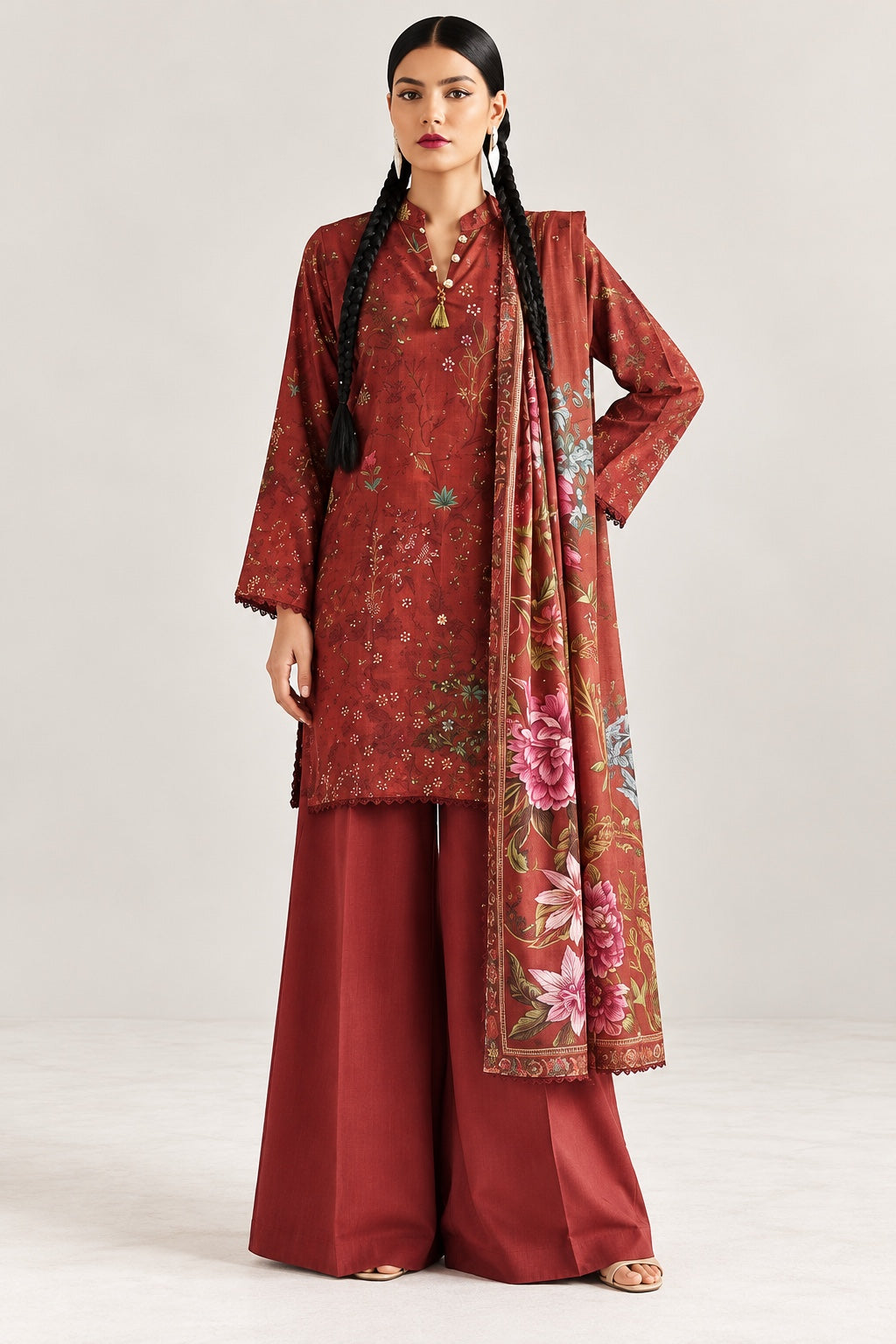Gul Rukh By Gul Jee unstitched printed linen winter suit in Rust Brown