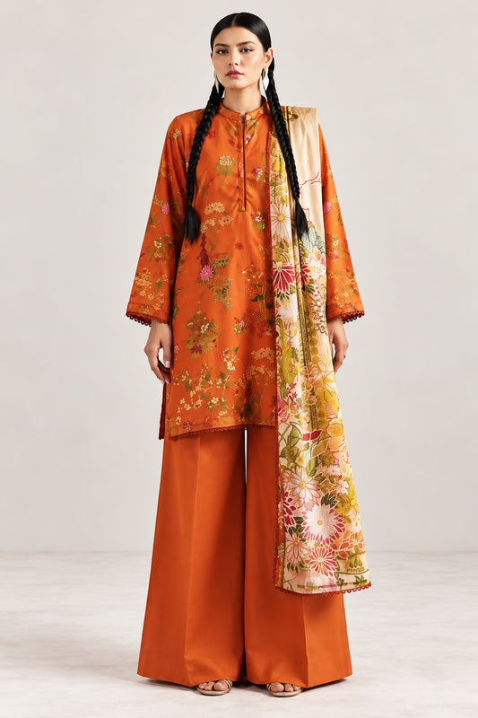 Gul Rukh By Gul Jee unstitched printed linen winter suit in Burnt Orange