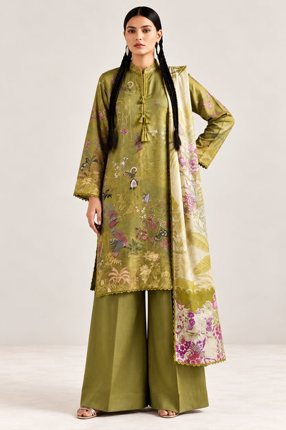 Gul Rukh By Gul Jee unstitched printed linen winter suit in Olive Green