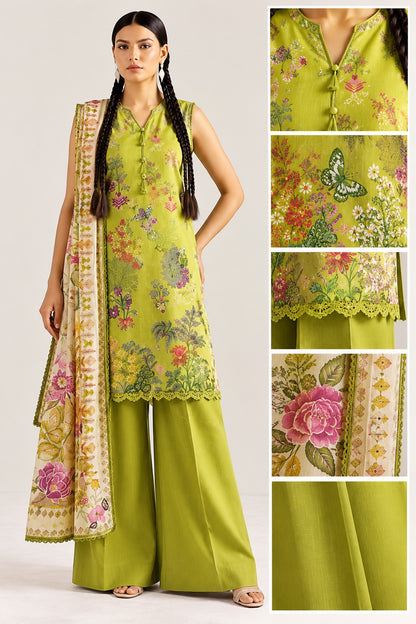 Gul Rukh by Gul Jee unstitched printed linen 3-piece suit in olive lime green with floral print, matching plain trousers and cream floral dupatta