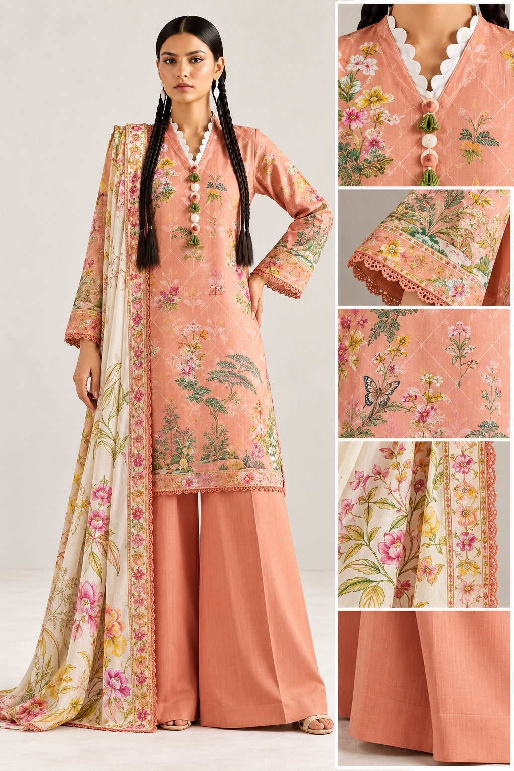Gul Rukh by Gul Jee unstitched printed linen 3-piece suit in peach pink with floral print, matching plain trousers and cream floral dupatta