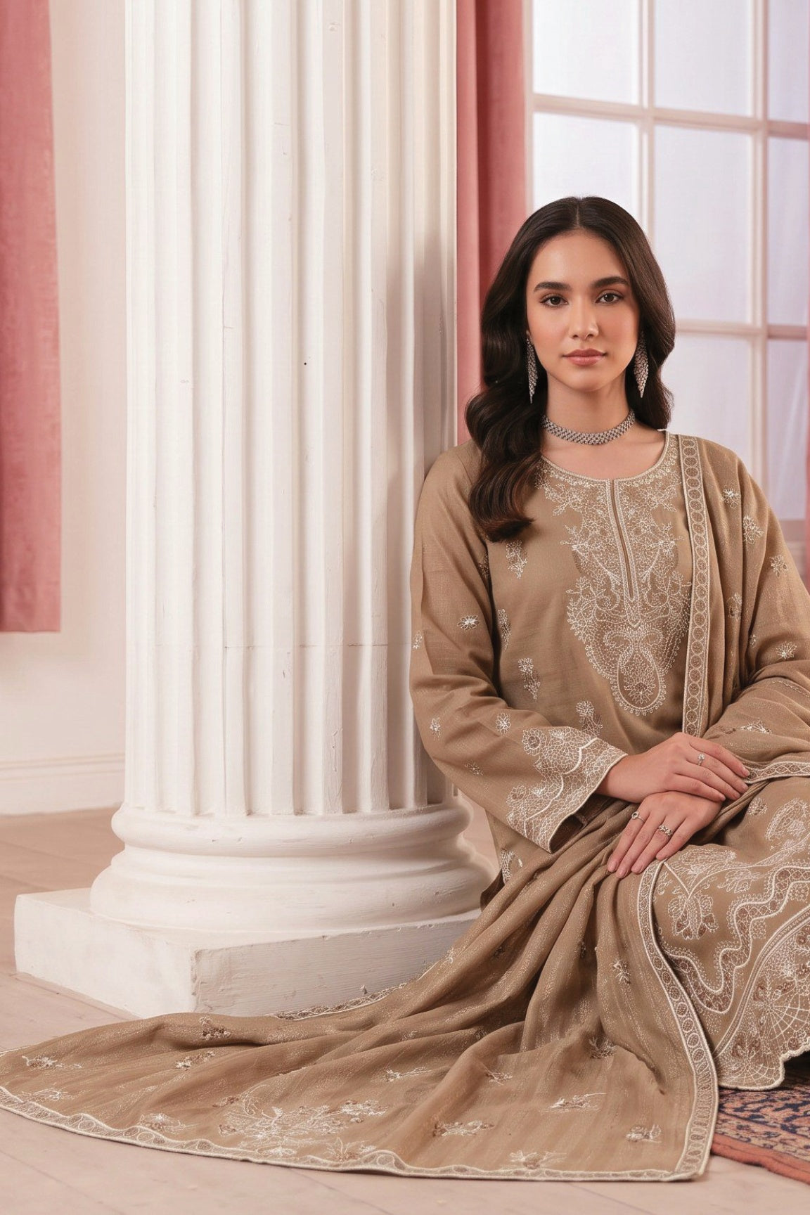 HAMNA Beige embroidered suit detail view