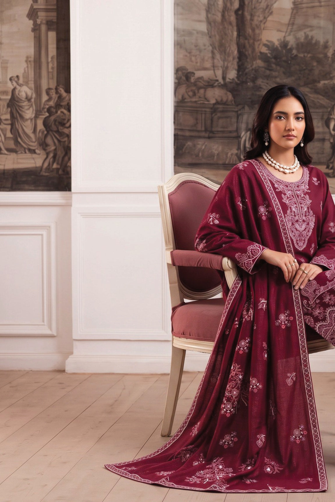HAMNA Maroon embroidered suit detail view