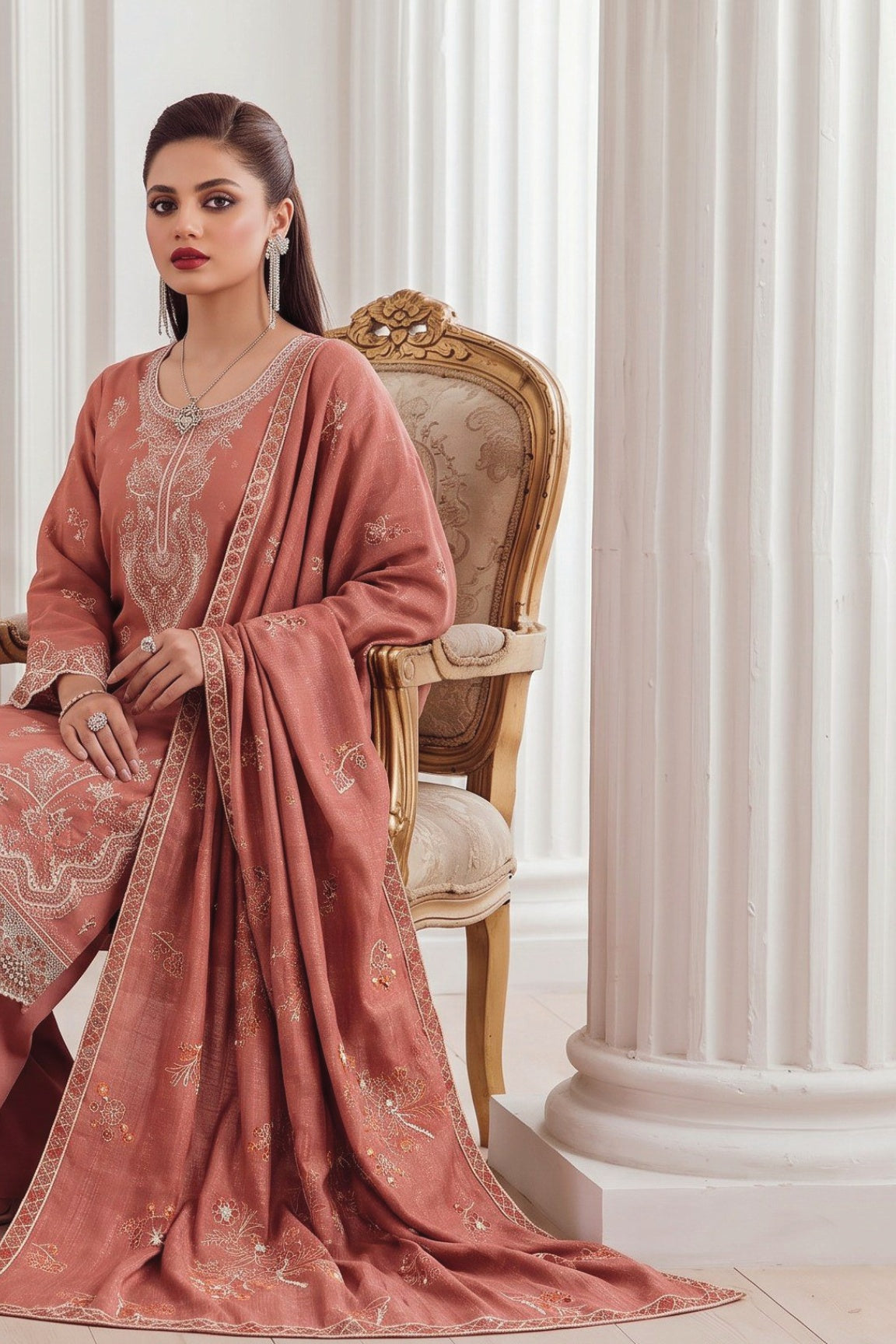 HAMNA Peach embroidered suit detail view