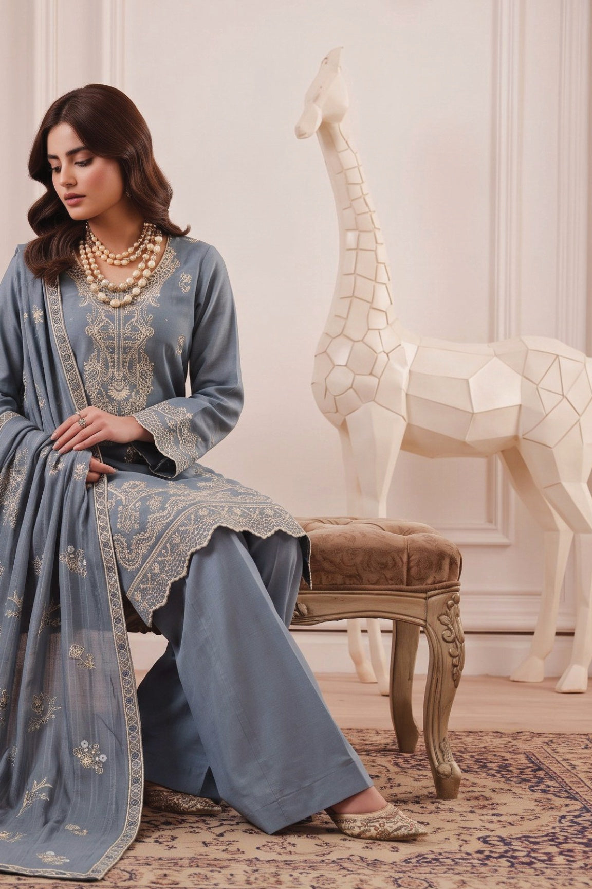 HAMNA Steel Blue embroidered suit detail view