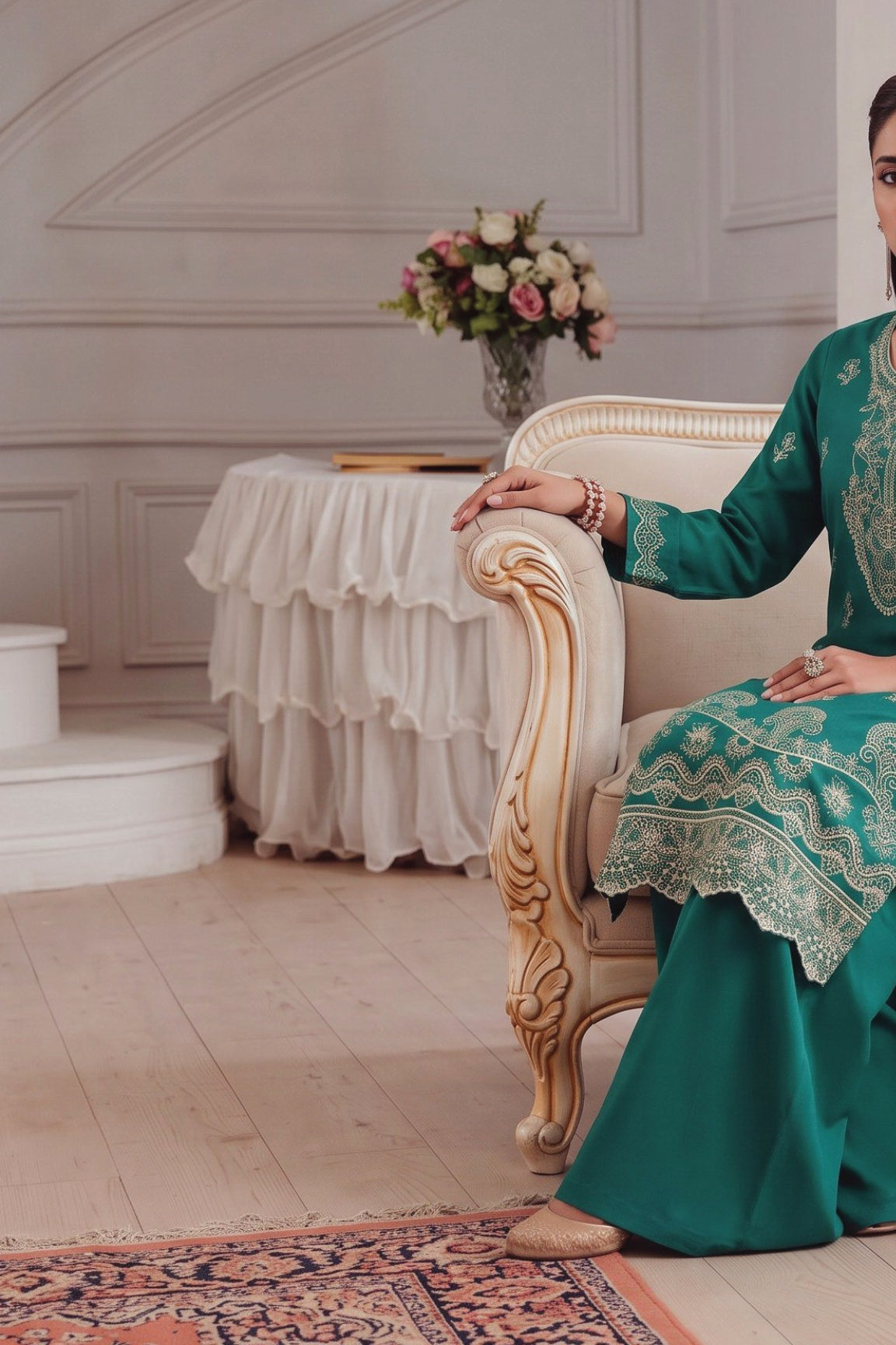 HAMNA Teal embroidered suit detail view
