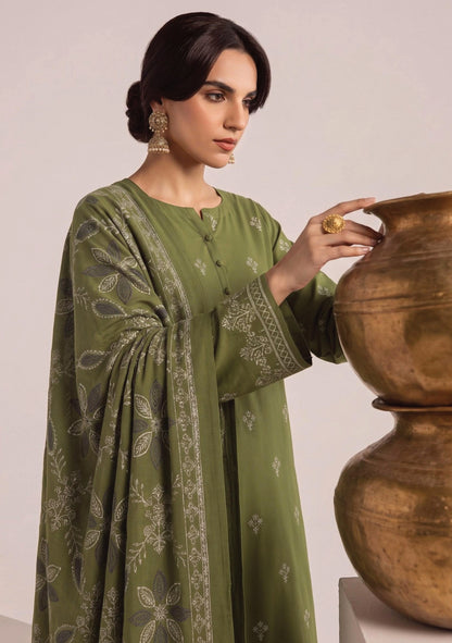 MATCHA Olive Green embroidered Dhanak suit detail