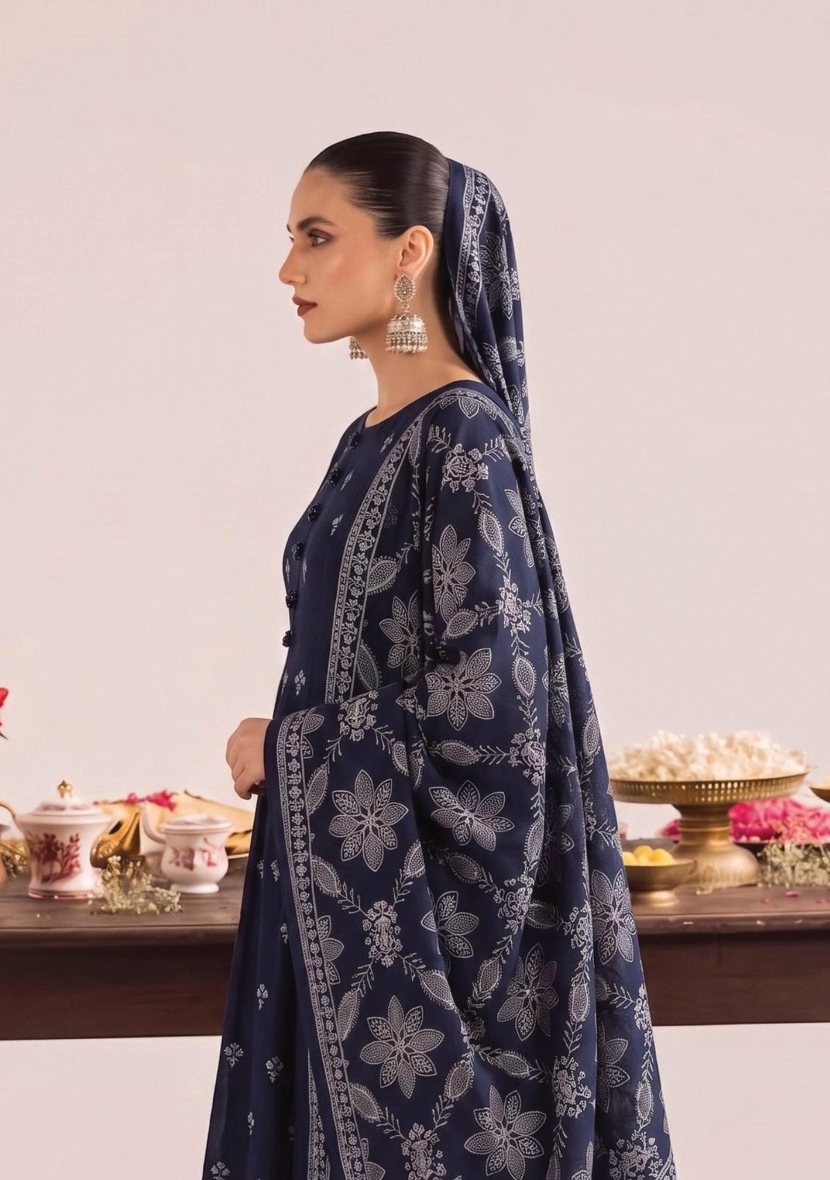 MATCHA Navy Blue embroidered Dhanak suit detail