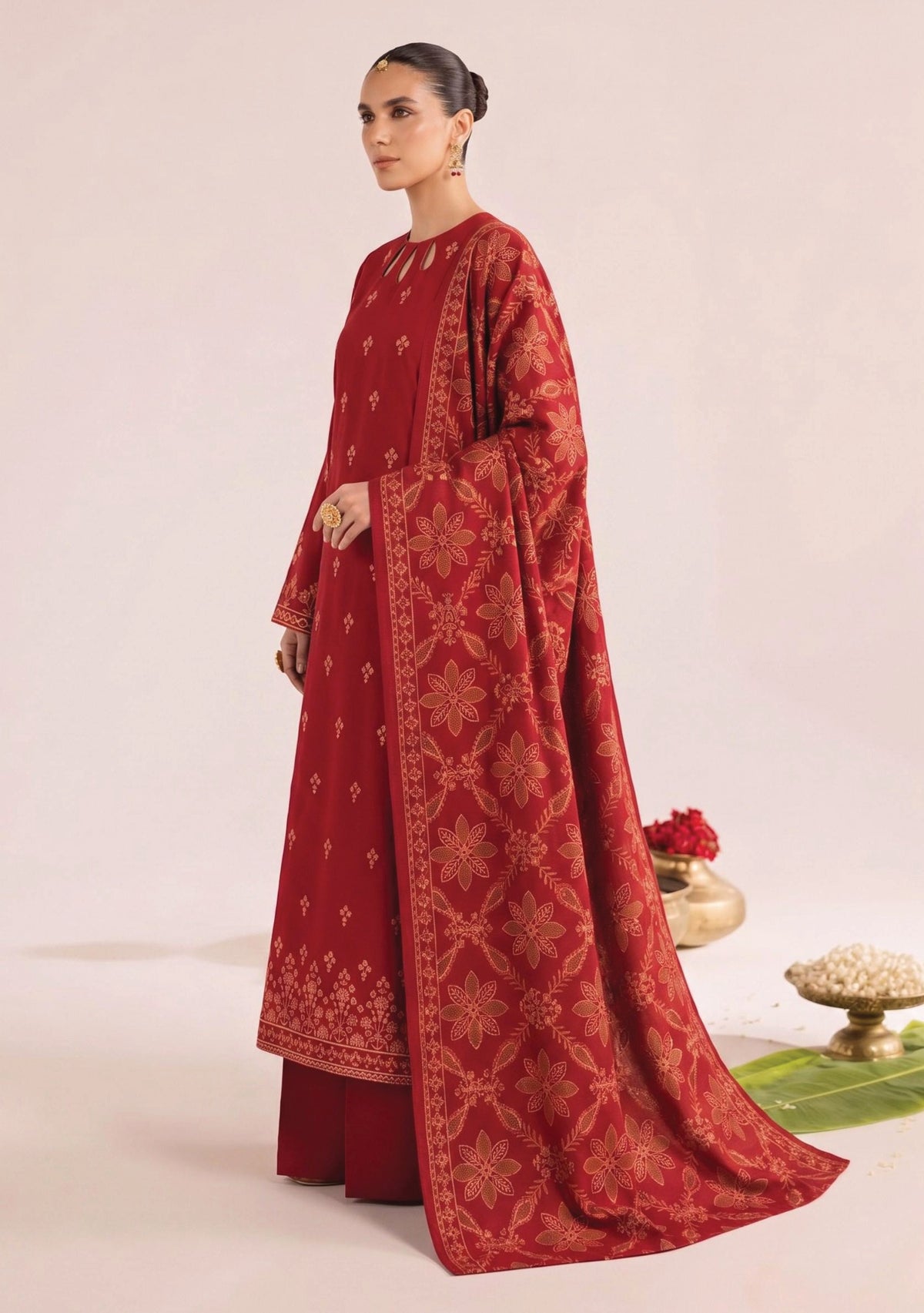 MATCHA Red embroidered Dhanak suit detail