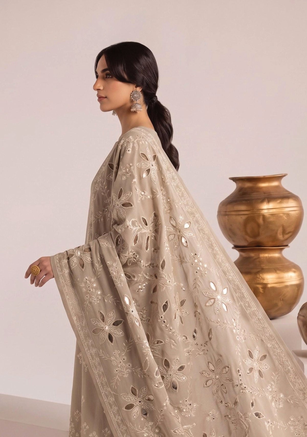 MATCHA Taupe embroidered Dhanak suit detail
