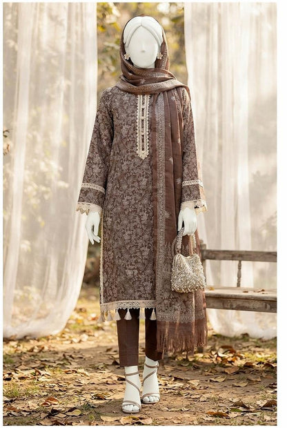 Al Boutique Centre | Mishal | Marina Dhanak Jaquard Zari Printed Unstitched 3Pc | Volume 2 - Brown - image 1