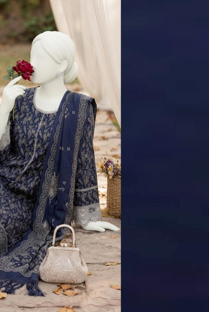 Al Boutique Centre | Mishal | Marina Dhanak Jaquard Zari Printed Unstitched 3Pc | Volume 2 - Navy Blue - image 4