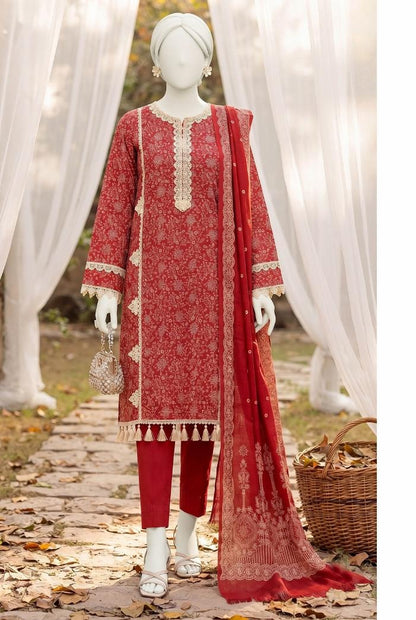 Al Boutique Centre | Mishal | Marina Dhanak Jaquard Zari Printed Unstitched 3Pc | Volume 2 - Red - image 1