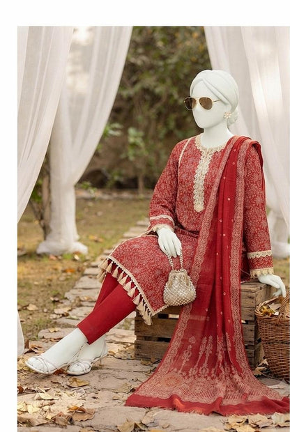 Al Boutique Centre | Mishal | Marina Dhanak Jaquard Zari Printed Unstitched 3Pc | Volume 2 - Red - image 3