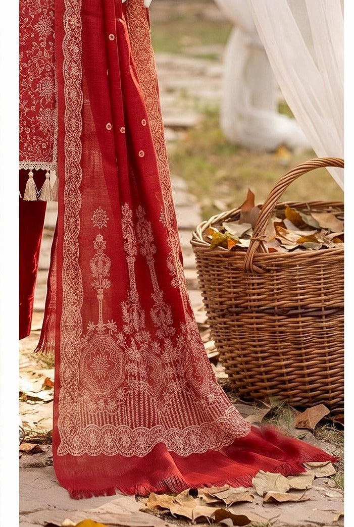 Al Boutique Centre | Mishal | Marina Dhanak Jaquard Zari Printed Unstitched 3Pc | Volume 2 - Red - image 4