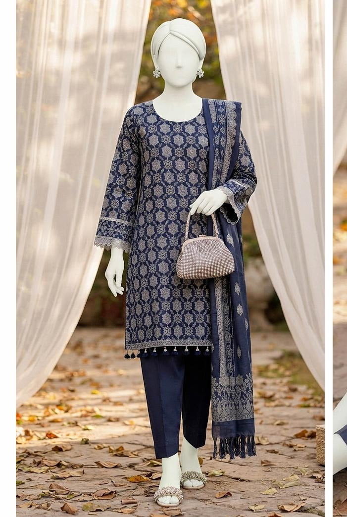Al Boutique Centre | Mishal | Marina Dhanak Jaquard Zari Printed Unstitched 3Pc | Volume 2 - Navy Blue - image 1