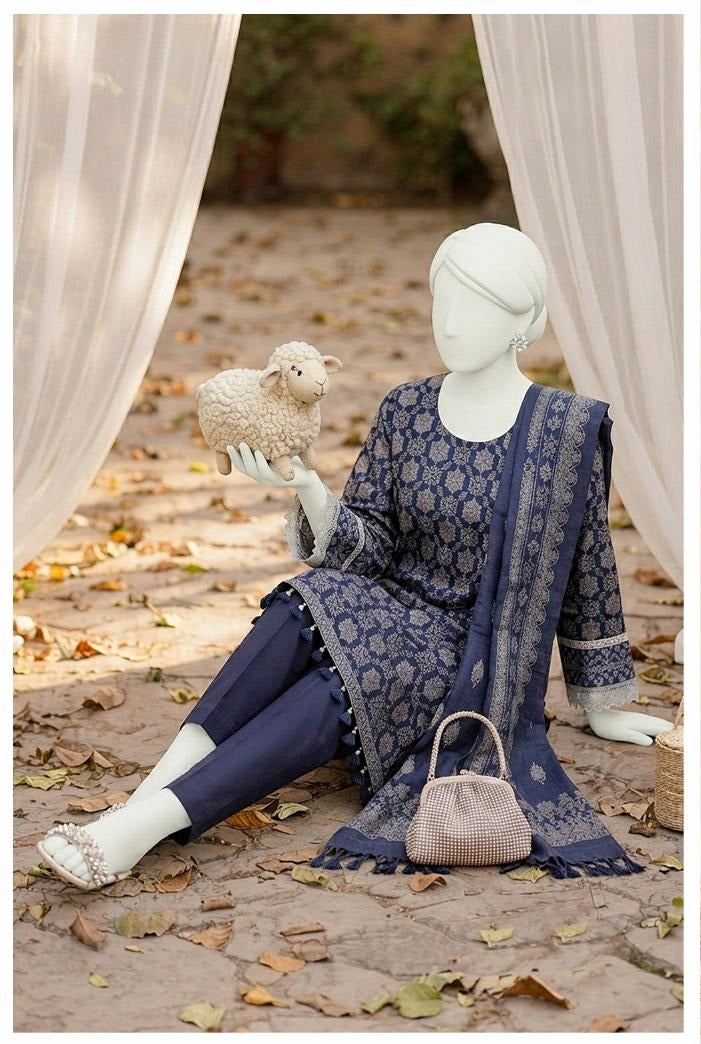 Al Boutique Centre | Mishal | Marina Dhanak Jaquard Zari Printed Unstitched 3Pc | Volume 2 - Navy Blue - image 3
