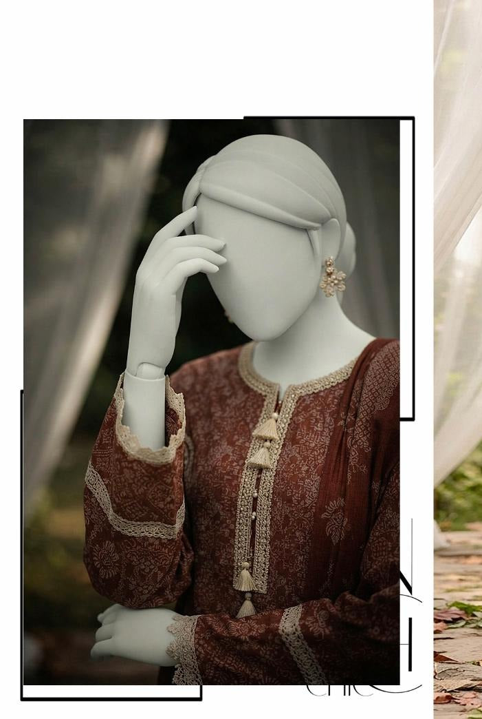 Al Boutique Centre | Mishal | Marina Dhanak Jaquard Zari Printed Unstitched 3Pc | Volume 2 - Rust - image 1