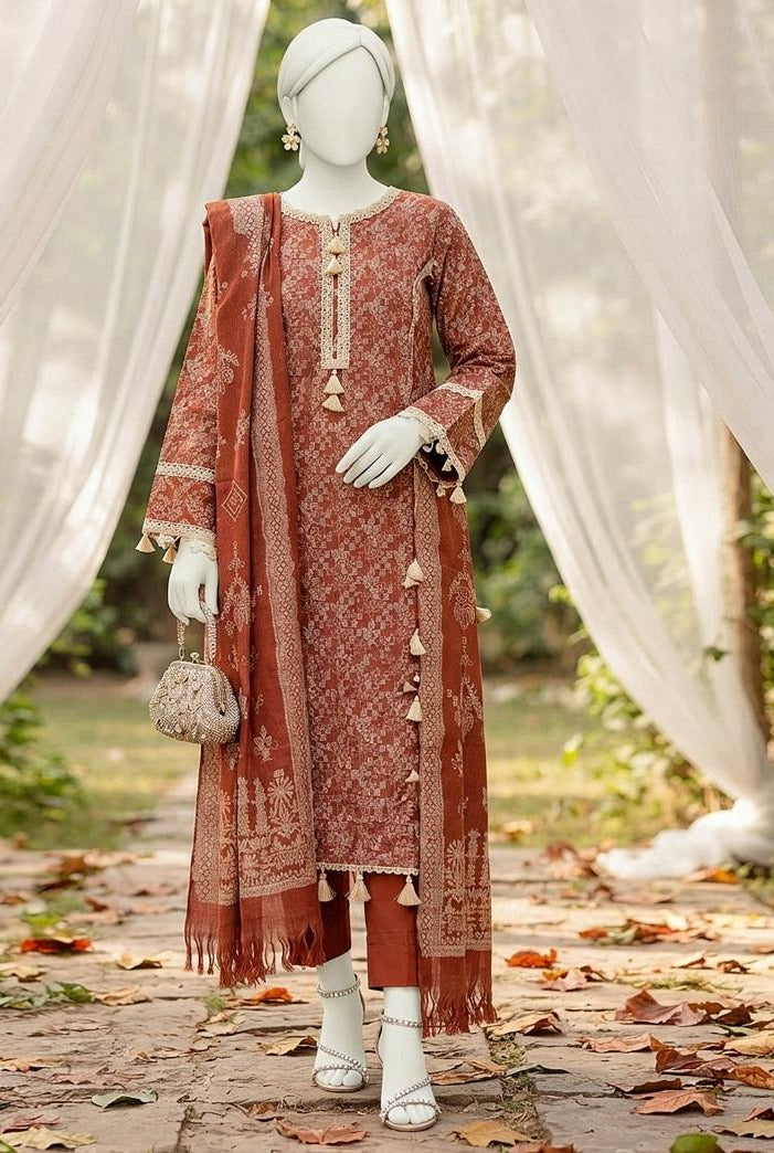Al Boutique Centre | Mishal | Marina Dhanak Jaquard Zari Printed Unstitched 3Pc | Volume 2 - Rust - image 2