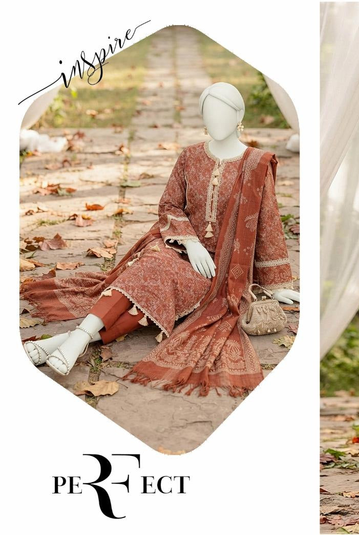 Al Boutique Centre | Mishal | Marina Dhanak Jaquard Zari Printed Unstitched 3Pc | Volume 2 - Rust - image 3
