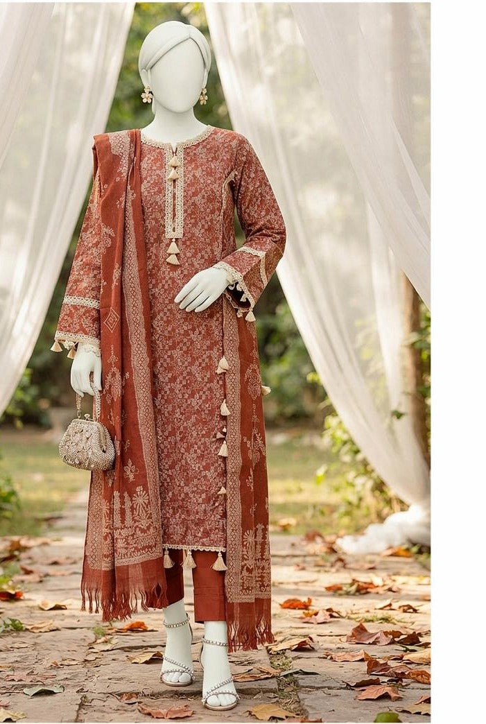 Al Boutique Centre | Mishal | Marina Dhanak Jaquard Zari Printed Unstitched 3Pc | Volume 2 - Rust - image 4