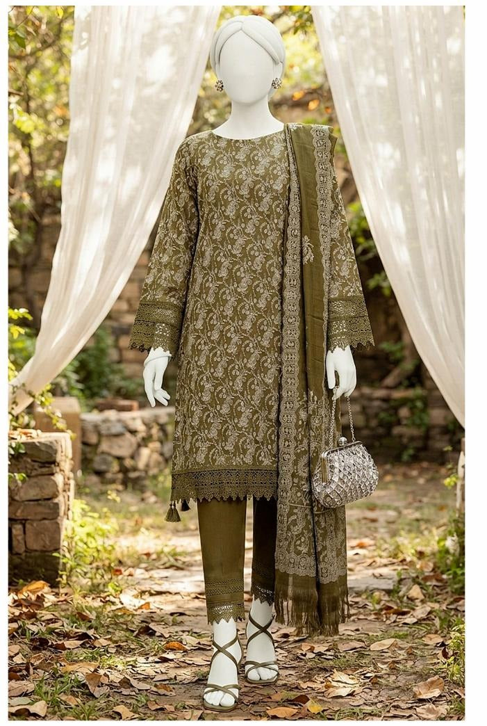 Al Boutique Centre | Mishal | Marina Dhanak Jaquard Zari Printed Unstitched 3Pc | Volume 2 - Olive - image 1