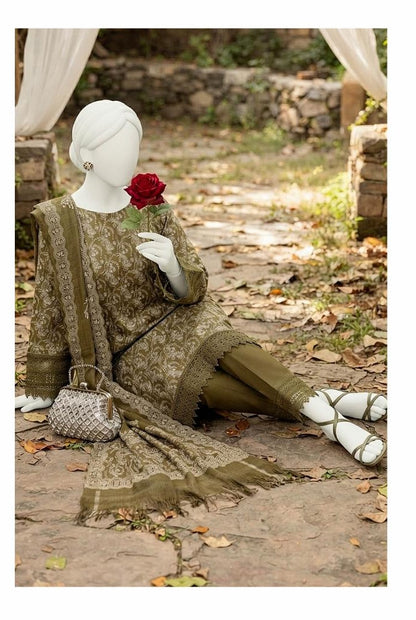 Al Boutique Centre | Mishal | Marina Dhanak Jaquard Zari Printed Unstitched 3Pc | Volume 2 - Olive - image 2